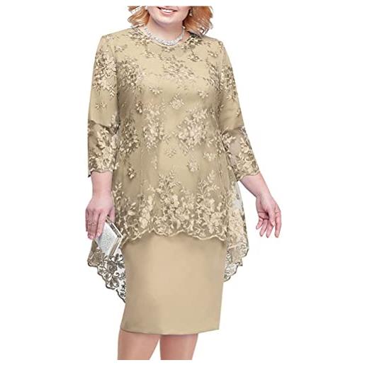 shownicer donna pizzo vestito elegante 3/4 maniche taglie forti vestiti da cerimonia cocktail sera partito abiti al ginocchio a champagne 3xl
