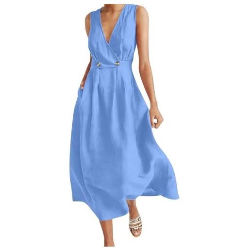 VPQILH vestito donna estivo elegante scollo a v abito lungo senza manica vestiti vita alta vestitini in lino di cotone, leggera e ariosa abiti da vacanze spiaggia