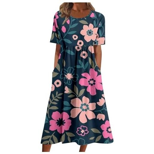 Generic abito estivo lungo da donna, taglie grandi, estivo, da spiaggia, leggero e arioso, a maniche corte, a vita alta, linea ad a, elegante, con tasche