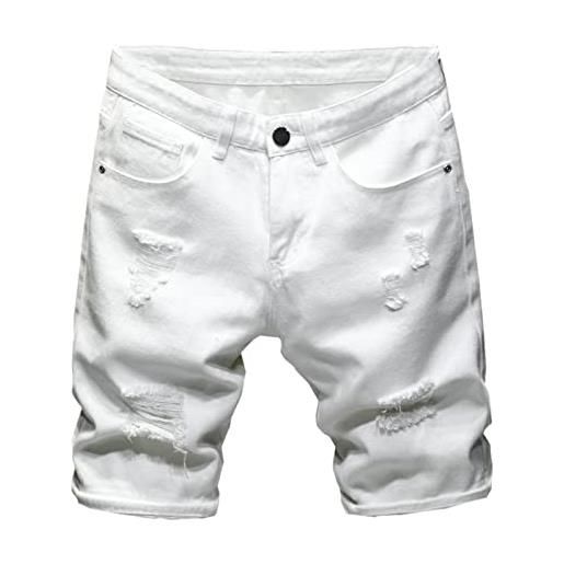 Alloaone pantaloncini di jeans strappati alla moda da uomo estivi jeans corti casual slim fit, bianco, w32