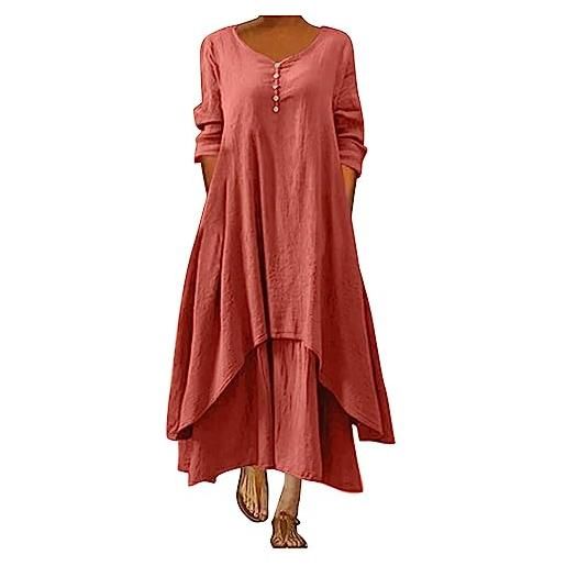 BOTCAM abito estivo da donna in lino, a maniche lunghe/corte, stile maxi, con tasche, vestibilità morbida, scollo a v, pieghe, in lino, a strati, stile boho, casual, abito lungo da giorno, rétro