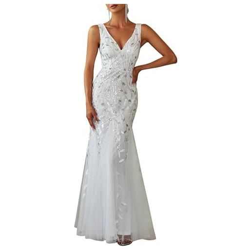 Ever-Pretty vestito da sposa donna sirena paillettes tulle petto basso scollo a v senza maniche stile impero bianco 42