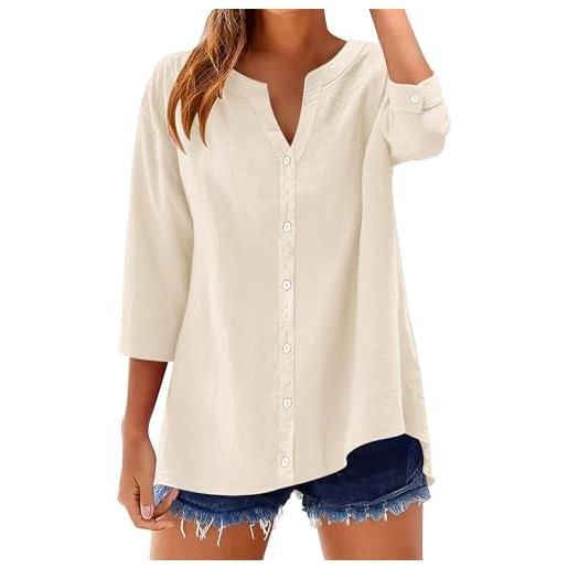 Rapbin top da donna con maniche a 3/4, in cotone e lino, con bottoni, scollo a v, tinta unita, casual, vestibilità larga, manica arrotolabile