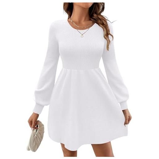 Zeagoo abito maglia donna girocollo maniche lunghe elegante vestito in maglia con maniche a palloncino vita alta linea a minidress bianco xxl