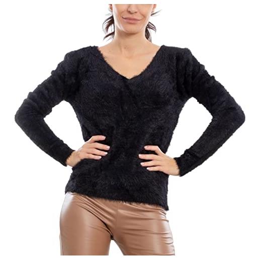 Toocool maglione donna scollo a v peloso eco pelliccia pullover vi-9516