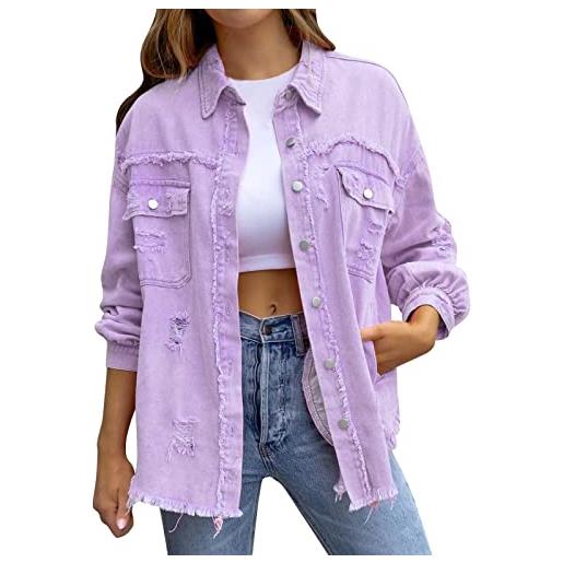Generic huifuao camicia di denim lavato giacca donna oversize button down cappotto di jeans con tasca manica lunga camicetta di denim sfrangiato top
