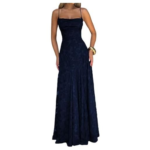 Generic abito da damigella d'onore in pizzo floreale jacquard elegante corsetto con spalline sottili schiena scoperta chiffon abito da ballo formale per donna, blu, s