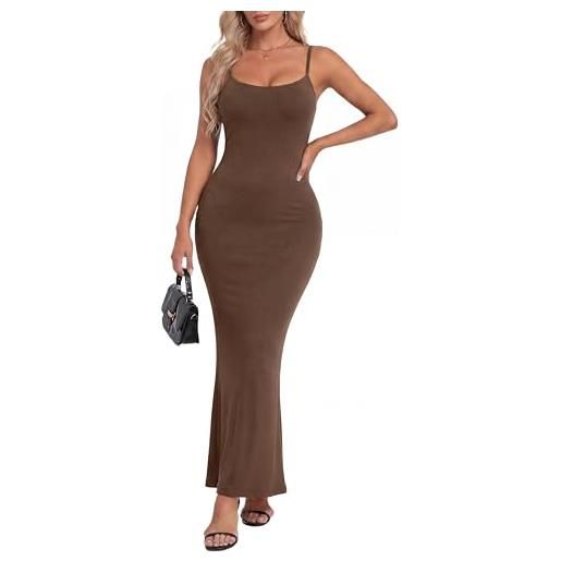IWOLLENCE maxi abito aderente da donna uk slip lungo sexy senza schienale spalline sottili scollo quadrato aderente elegante abito a costine con elastico