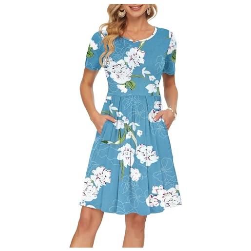 AUSELILY abito casual da donna a pieghe a manica corta con scollo a v e lunghezza al ginocchio fiore azzurro, s
