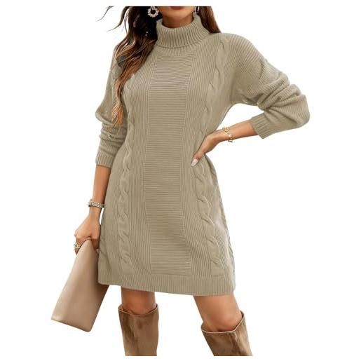 Rayson vestito maglia invernale donna manica lunga collo alto abito elegante elastico tinta unita autunno avvolgente sui fianchi(cachi, l)