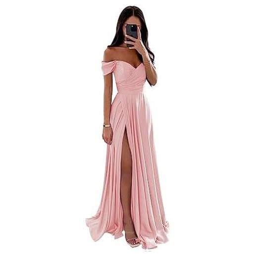 ECDAHICC abito da damigella d'onore senza spalline per donna, in raso, con lungo spacco, elegante abito formale da sera, linea ad a, per matrimoni e feste, rosa chiaro, s