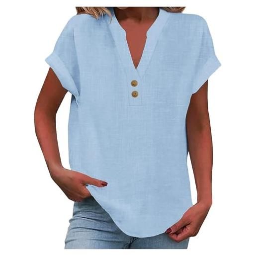 Generic camicie estive da donna in lino 2026 alla moda colletto alla coreana mezza abbottonatura in mussola top da donna a maniche corte in garza primaverile tuniche in cotone con scollo a v vcation tinta