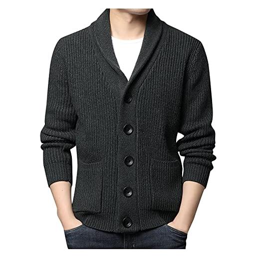 Generisch - cardigan da uomo con collo sciallato, con abbottonatura, maglione, slim fit, pullover pesante, scollo a v, giacca invernale, con tasche, pullover invernale, grigio scuro. , l