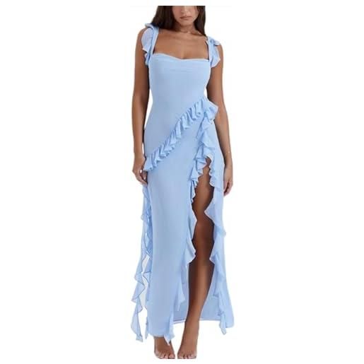LIUPONHU women's summer sexy double high slit deep v neck plus dresses，sexy backless satin cocktail slit maxi dress (light blue, s)