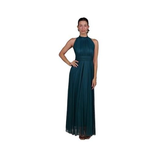 VALORIALUXE abito lungo elegante donna con stola coordinata - collo alto senza maniche, linea fluida in tulle - vestito da cerimonia made in italy (it, testo, s, m, regular, regular, blu petrolio)