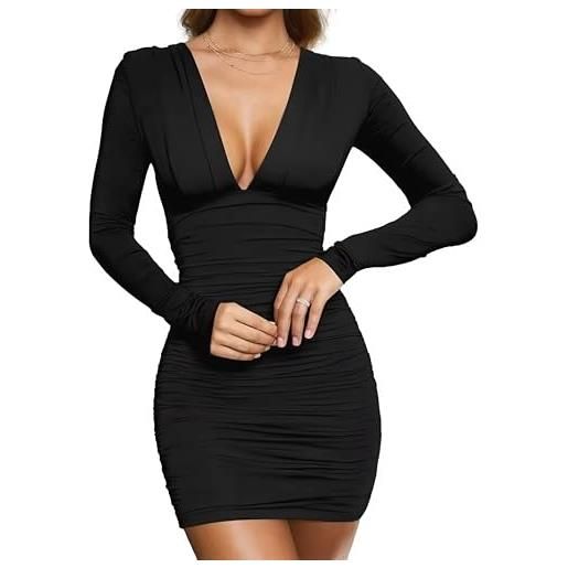 AMABILEMIA vestito donna sexy maniche lunghe mini abito elegante nero vestito corto invernale tubino casual da sera aderente scollato inverno am563
