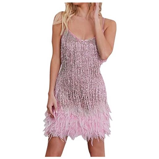 Leaomuny vestito con paillettes da donna curvy da cerimonia estivo elegante abito brillante spaghetti strap piuma decor discoteca vestiti aderente festa corto per il tempo libero abiti cocktail sexy