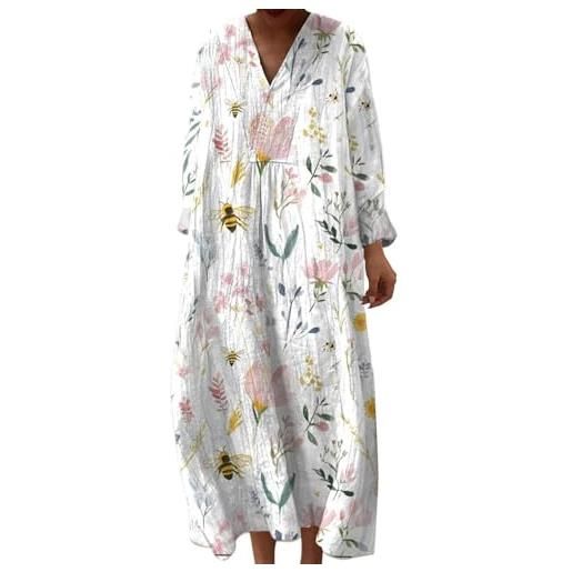 Gienslru abito estivo lungo donna boho chic floreale vintage, scollo a v maniche lunghe in lino leggero con tasche, vestito elegante casual per vacanze primavera estate taglie forti curvy 2026 moda cerimonia