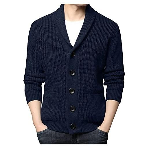 Generisch - cardigan da uomo con collo sciallato, con abbottonatura, maglione, slim fit, pullover pesante, scollo a v, giacca invernale, con tasche, pullover invernale, blu, l