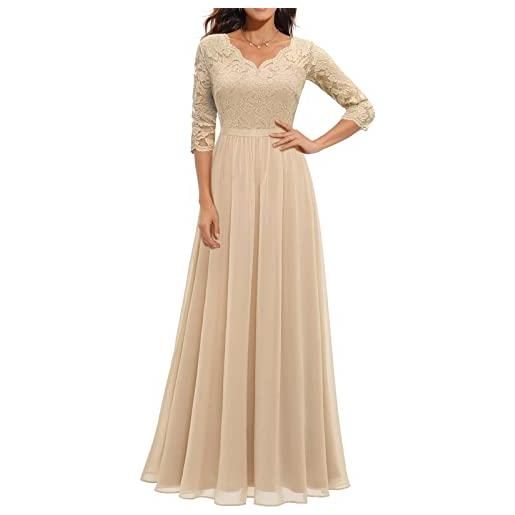 Dubute elegante pizzo 3/4 maniche una linea abito lungo impero vita maglia sera cocktail abito da festa di nozze, champagne, m