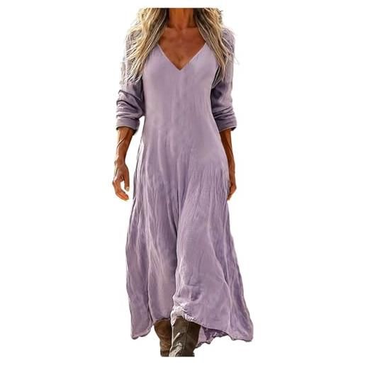 Gienslru vestito lungo donna estivo boho chic in lino effetto, maxi abito floreale vintage con scollo a v e maniche lunghe, elegante con tasche per mare vacanza cerimonia primavera estate taglie forti curvy