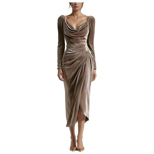 Generisch - abito da donna in velluto con scollo a cascata - elegante abito midi con drappeggio e orlo asimmetrico | abito da sera elegante a maniche lunghe per feste, m