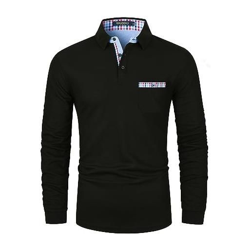 VHUQGVU polo uomo cotone classic manica lunga moda design qualità eccellente slim-fit tennis poloshirt, nero, m