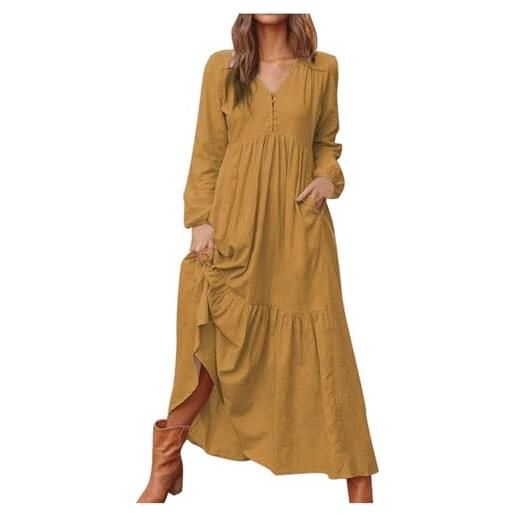 Generisch 2026 maxi abito da donna in cotone lino stile casual maniche lunghe con gonna svasata, opzioni di colore