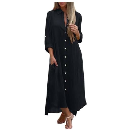shownicer vestiti donna abito in lino scollo a v manica lunga vestiti larghi casual tinta unita vestito lunga camicia vestiti con bottoni maxi dress a nero xxl