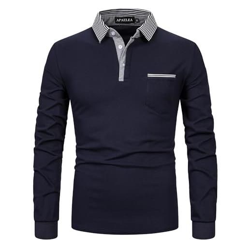 APAELEA polo uomo manica lunga polo collare strisce cotone golf tennis t-shirt top, marina, s