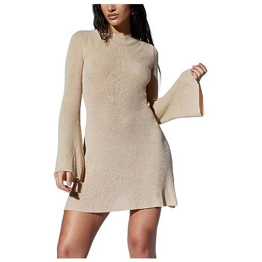 Alaurbeauty mini abito da donna autunno a costine con maniche lunghe, schiena aperta, abito a contrasto/tinta unita, vestito aderente, marrone chiaro, s