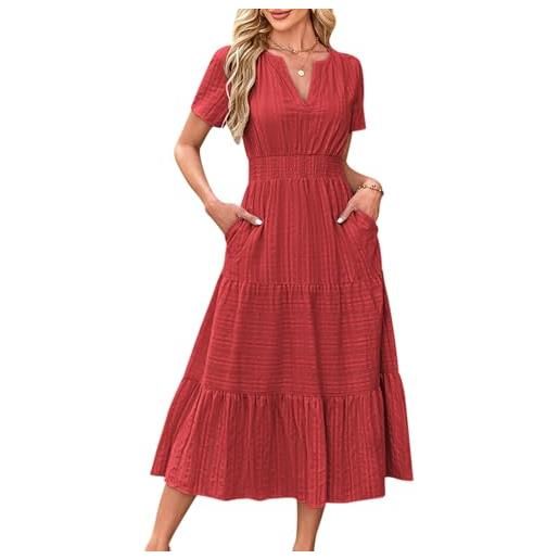 VEVESMUNDO abito estivo da donna, a maniche corte, in cotone, casual, con scollo rotondo, per il tempo libero, con tasche