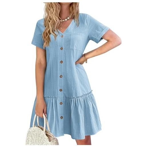 Hotouch abito estivo donna in lino con bottoni abito da spiaggia casual scollo a v mini manica corta abito linea a con volant
