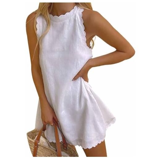 AOWVUTS vestiti estivo donna mini abito senza maniche scollo rotondo casual abito in lino boho vestito da mare spiaggia elegante abiti tinta unita vestito corto primavera estivi