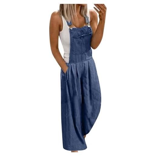 Generisch salopette da donna in jeans, lunghezza elasticizzata, salopette da donna, jeans baggy, tuta elegante in denim, con tasche, senza maniche, stile vintage, da lavoro, casual, estiva, comoda