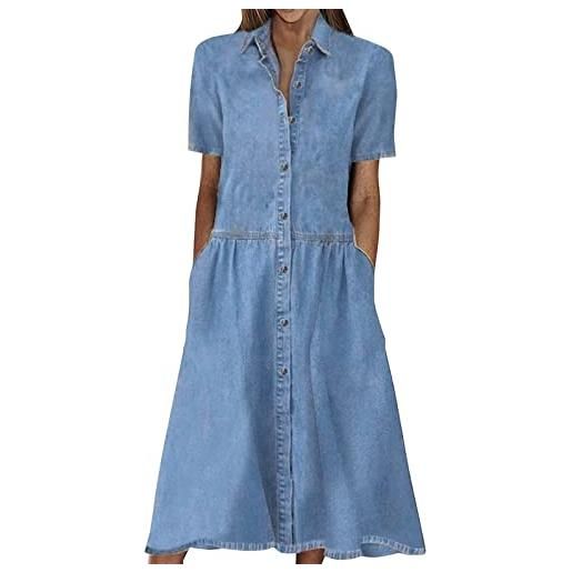 Generic abito in jeans da donna, estivo, lunghezza al ginocchio, lunghezza al ginocchio, con bottoni, casual, a maniche corte, in denim, con scollo a v, a maniche corte, per il tempo libero, da spiaggia, 