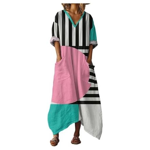 Generico abito lungo donna boho chic in lino scollo a v maniche lunghe, vestito maxi floreale vintage con tasche per mare spiaggia vacanza primavera taglie forti elegante comodo