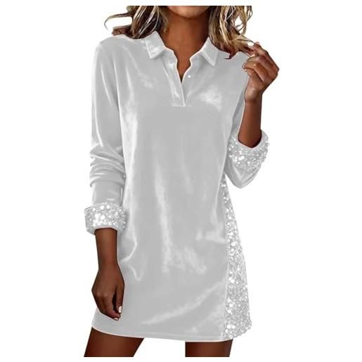 Lggwunsi abito per capodanno donna - abito da donna a maniche lunghe, con paillette, patchwork in velluto, elegante, tinta unita, con risvolto, per feste di capodanno, bianco, xxl