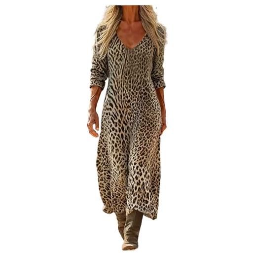 Gienslru vestito lungo donna estivo boho chic in lino effetto, maxi abito floreale vintage con scollo a v e maniche lunghe, elegante con tasche per mare vacanza cerimonia primavera estate taglie forti curvy