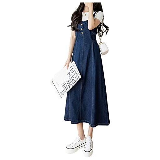 CHARTOU abito da donna elegante con spalline posteriori a punto smock, linea ad a, gonna lunga, denim generale, blu, xl