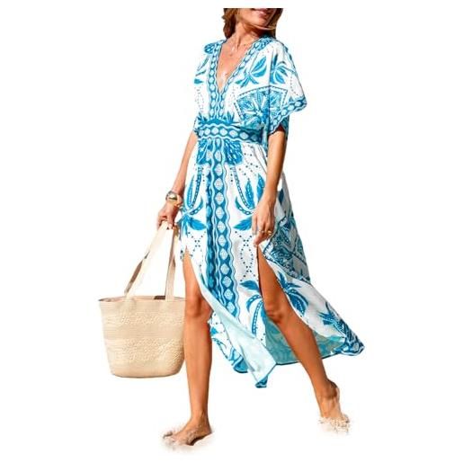 CUPSHE maxi abito estivo da donna, stile bohémien, con scollo a v, motivo paisley floreale, con punto smock, per spiaggia, vacanze, orlo con spacco, abito fluido, con tasche, xl