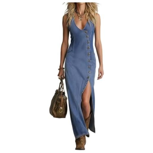 shownicer vestiti donna vestito lungo estivi vestito jeans a mezza manica abito vita alta abiti con fessura a blu l