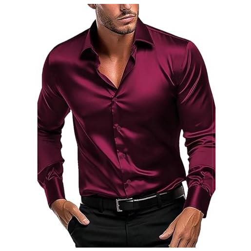 Fccrian nuovo colore solido simulazione raso di seta lucido camicia da uomo con elastico maniche lunghe scrub giacca, rosso, m