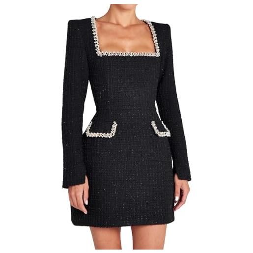 YongXinMY elegante mini abito da donna in tweed, vintage, con scollo quadrato, decorato con perle, a maniche lunghe, corto, svasato, per feste, cocktail, balli, formali, affari, retrò, chic, autunno inverno