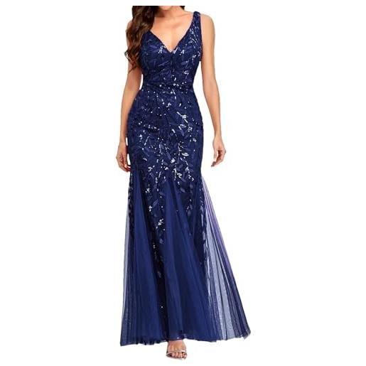 Generic abito per invitata al matrimonio, abito formale da donna, da sera lungo a sirena con scollo a v e paillettes in tulle