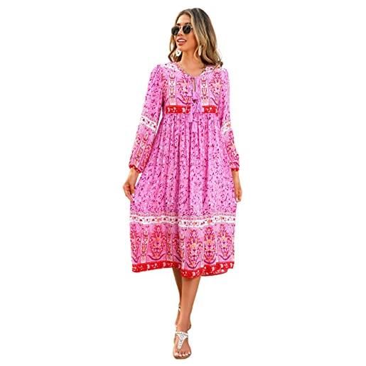 R.Vivimos donne eleganti casual bohemian print neck tie maniche lunghe abito da spiaggia lungo midi vestito vacanze(l, fuchsia)