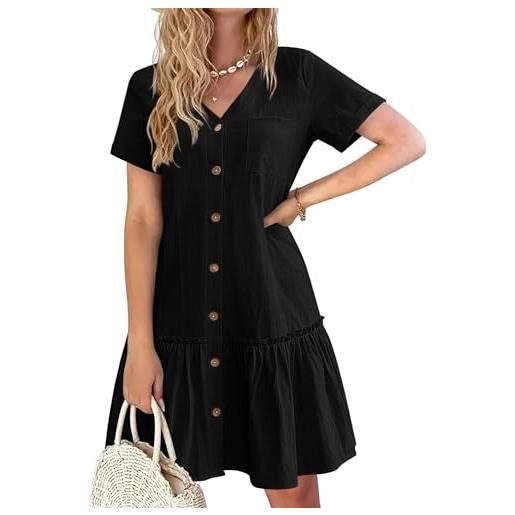 Hotouch abito donna con bottoni stile button down, abito estivo leggero in lino e cotone, abito con volant sul fondo, abito casual a maniche corte, abito a tunicata, a-nero, xxl