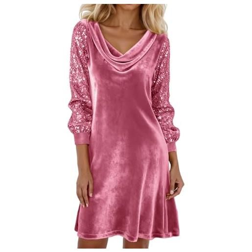 Lggwunsi vestito capodanno donna - abito da donna a maniche lunghe, con paillette, patchwork in velluto, elegante, tinta unita, con risvolto, per feste di capodanno