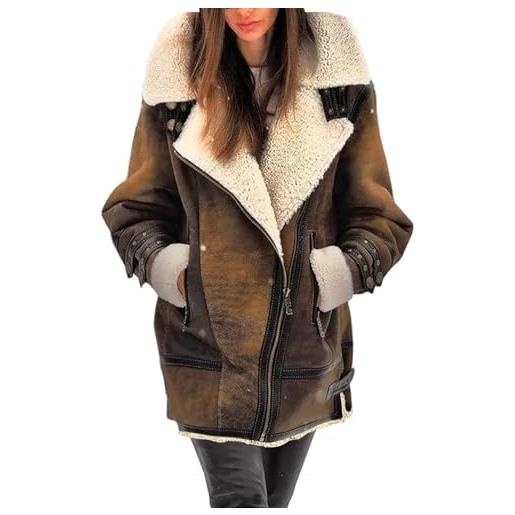 ThiCc cappotti invernali da donna, in finta pelle, foderati in pile sherpa, cappotto da moto in pelle scamosciata, caldo, lungo, in finta pelliccia, con cerniera, stile vintage