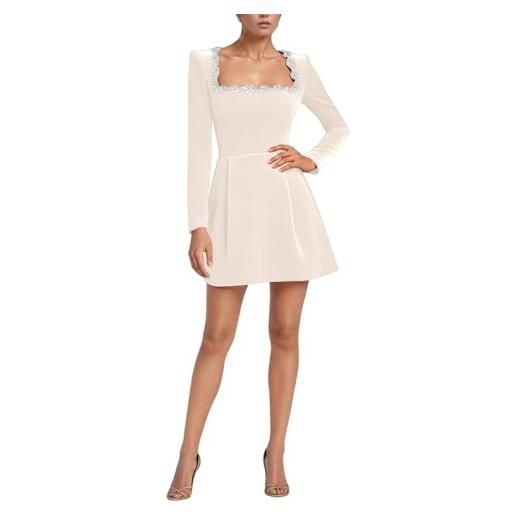 Generisch abito in velluto da donna autunno e inverno elegante mini abito con scollo quadrato u strass abito a maniche lunghe abito da cocktail linea a casual business abiti formali, bianco, l